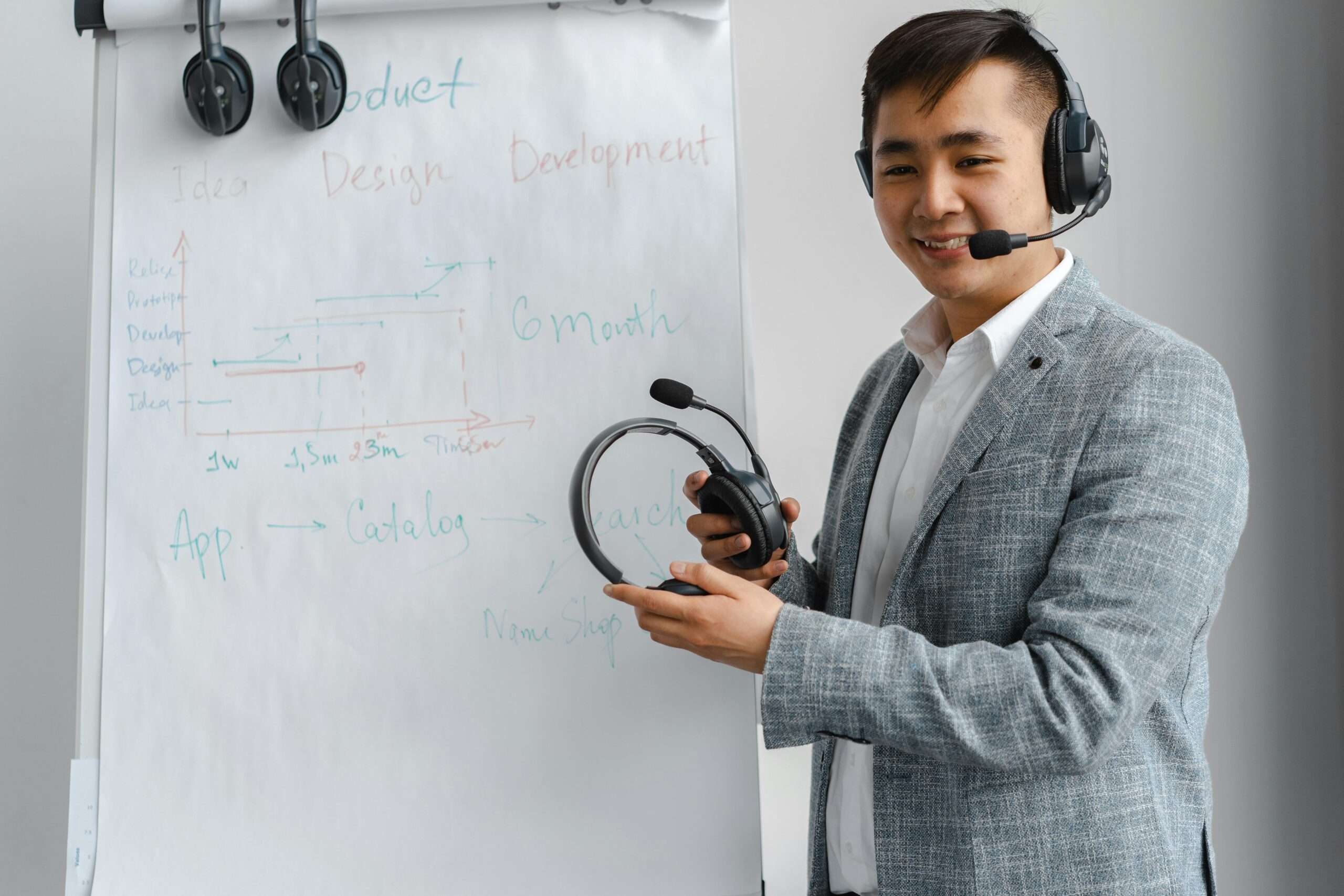 Asian man explaining a concept in a training session with a headset and flip chart.