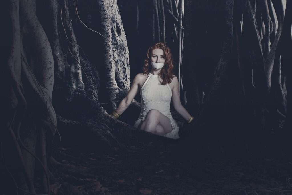 woman, nature, forest, kidnapped, darkness, mouth guard, fear, composing, image editing