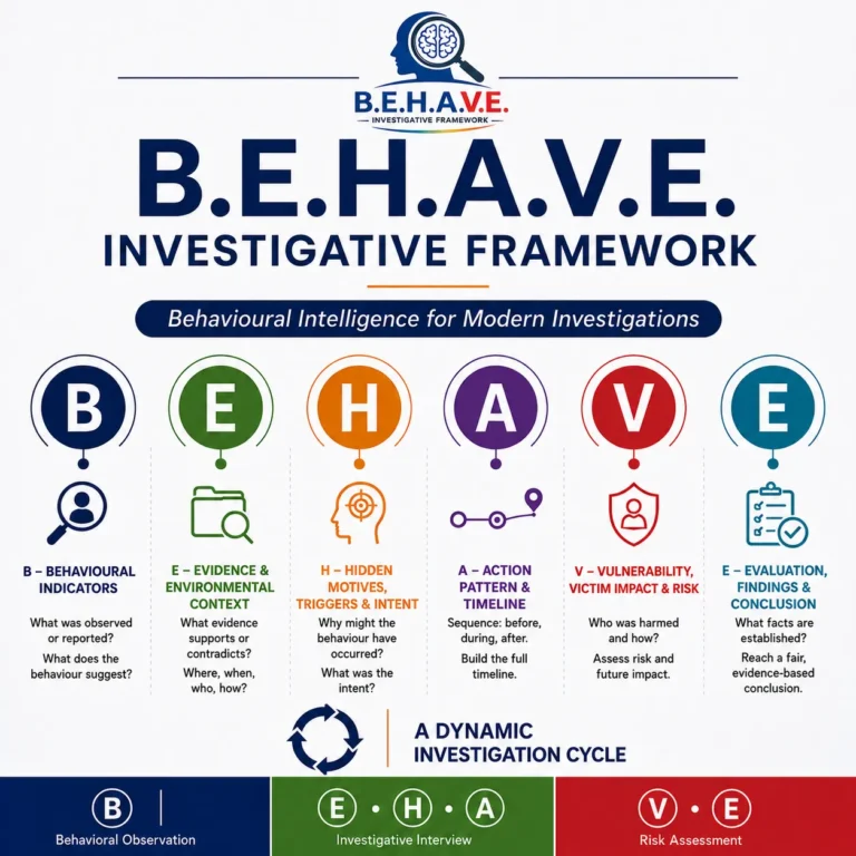 Infographic presenting the B.E.H.A.V.E. Investigative Framework as a dynamic investigation cycle. It highlights six components: behavioural indicators, evidence and environmental context, hidden motives, action pattern and timeline, vulnerability and risk, and evaluation, findings and conclusion.
