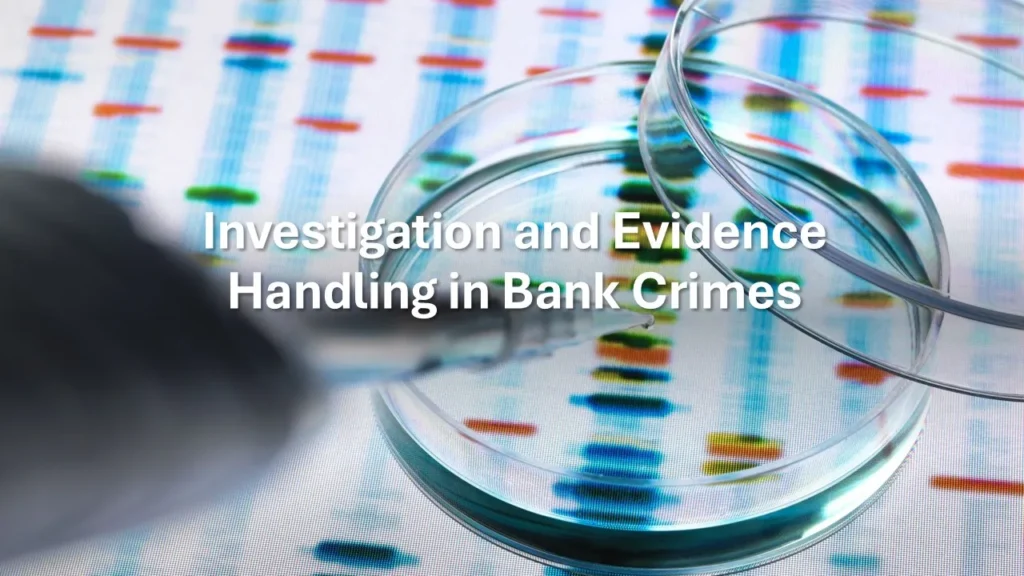 Bank crime investigators securing physical and digital evidence, reviewing CCTV, transaction records and chain-of-custody documentation.