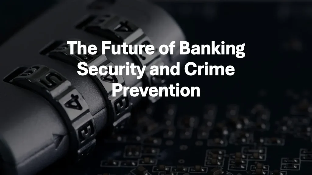 Future banking security team using AI monitoring, biometric authentication, cybersecurity dashboards and integrated crime prevention systems.